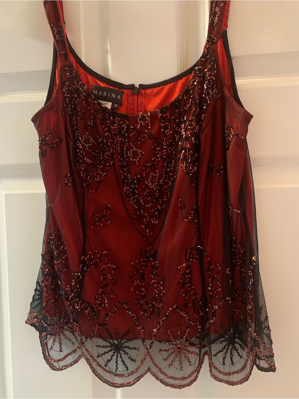 MARINA Red Beaded Camisole with Black Overlay